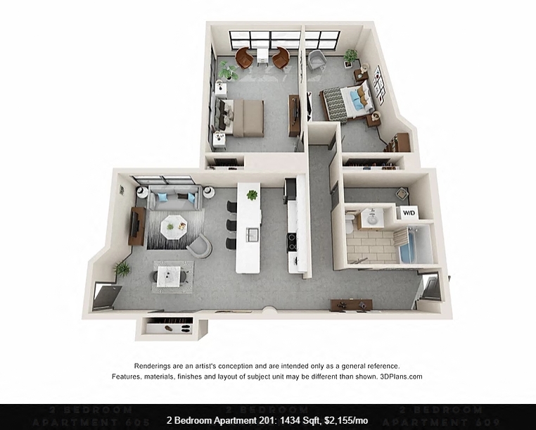 Floor plan for 2 beds, 1 bath, 1434 sqft